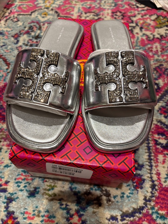 Tory Burch Shoes - Tory Burch Metallic Silver Logo double t logo